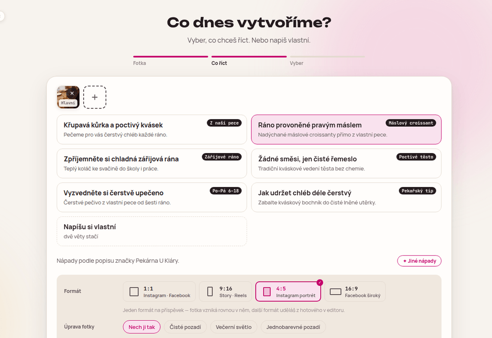 Obrazovka blumz: nahraná fotka a zadání, co říct